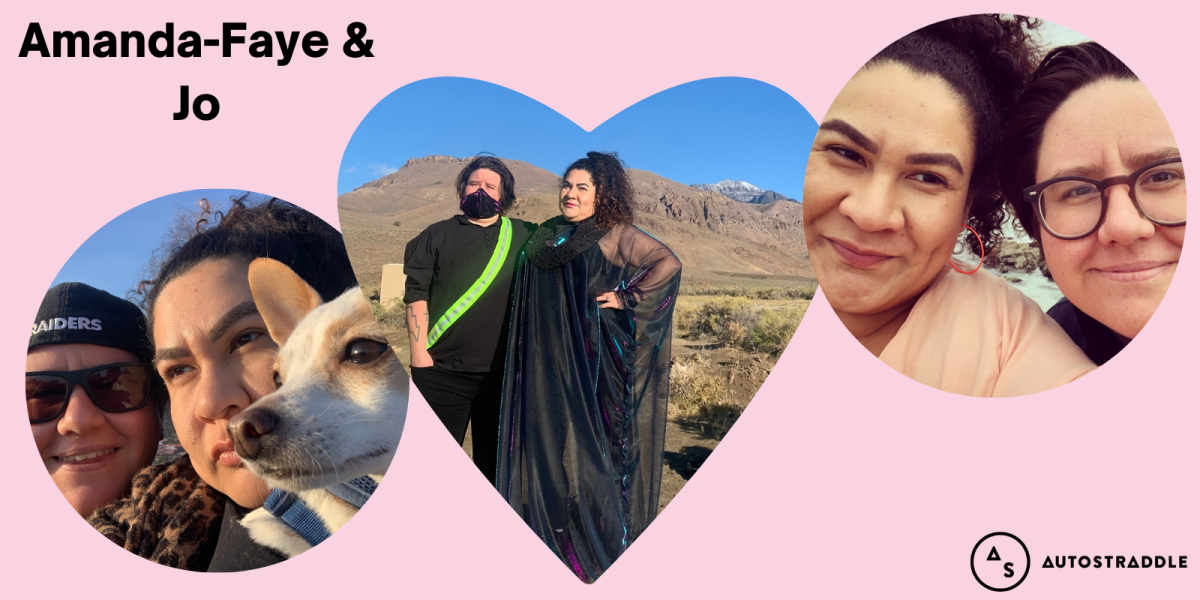 A collage of three images on a pale pink background: in the center is a heart shaped image of Amanda-Faye and Jo, posing against a gorgeous background of mountains and blue sky. The photo on the right is a close up of their smiling faces and the photo on the left is a close up of the two of them with their dog. The text reads Amanda-Faye and Jo.