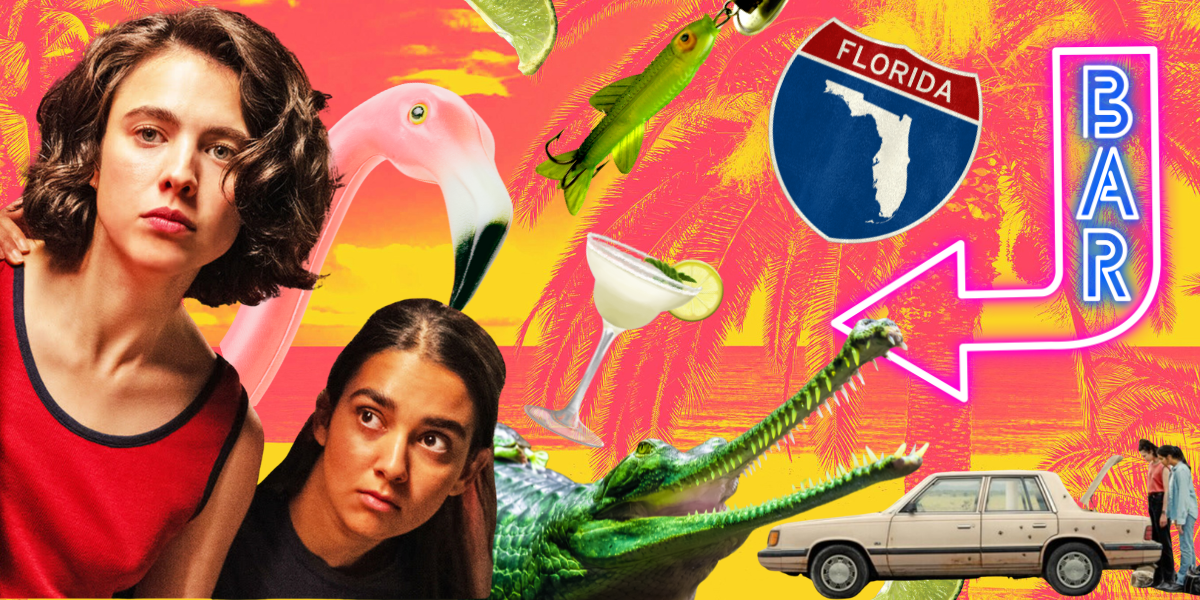 Marian and Jamie from Drive Away Dolls against a background of Florida maps, bar signs, and palm trees
