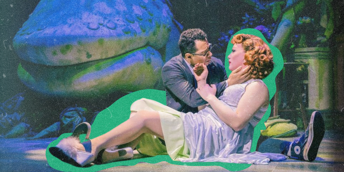 Jinkx Monsoon in Little Shop of Horrors on stage with Corbin Bleu as Seymour.