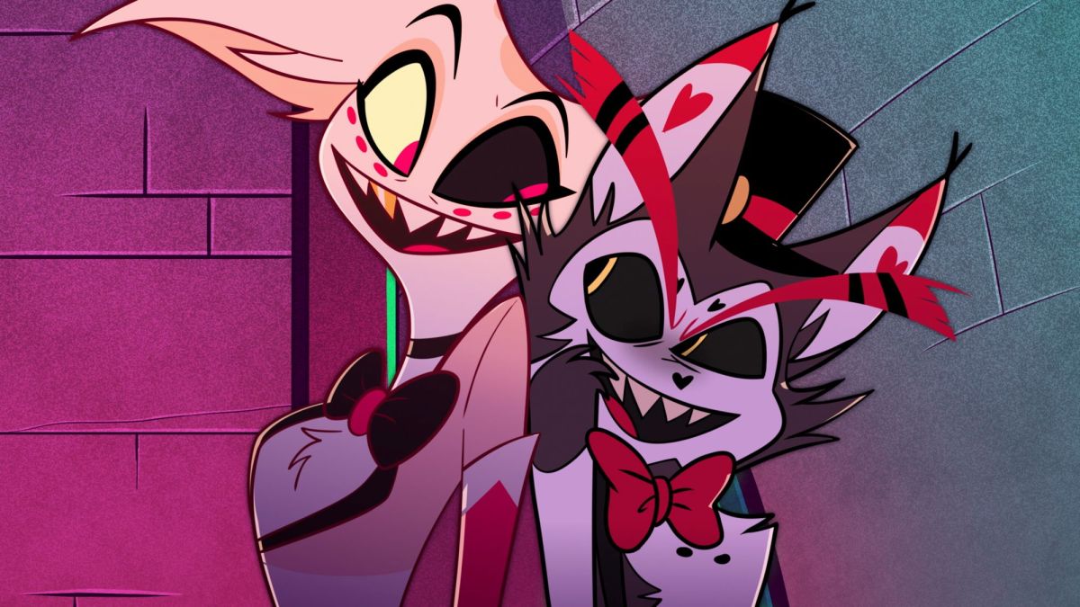 Two demons smile back to back in Hazbin Hotel