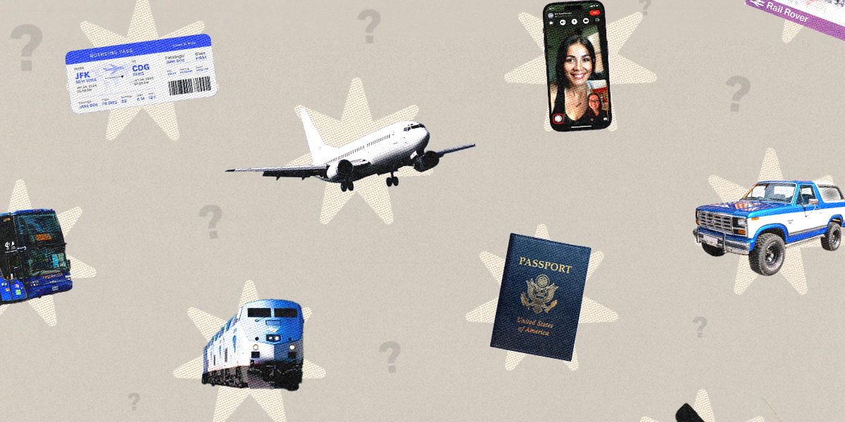 A collage of a car, a plane, a train, a passport, a boarding pass, and an iPhone.