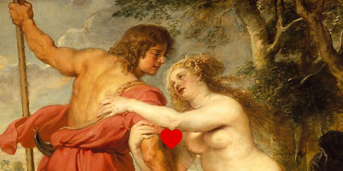 A classic painting showing a couple embracing