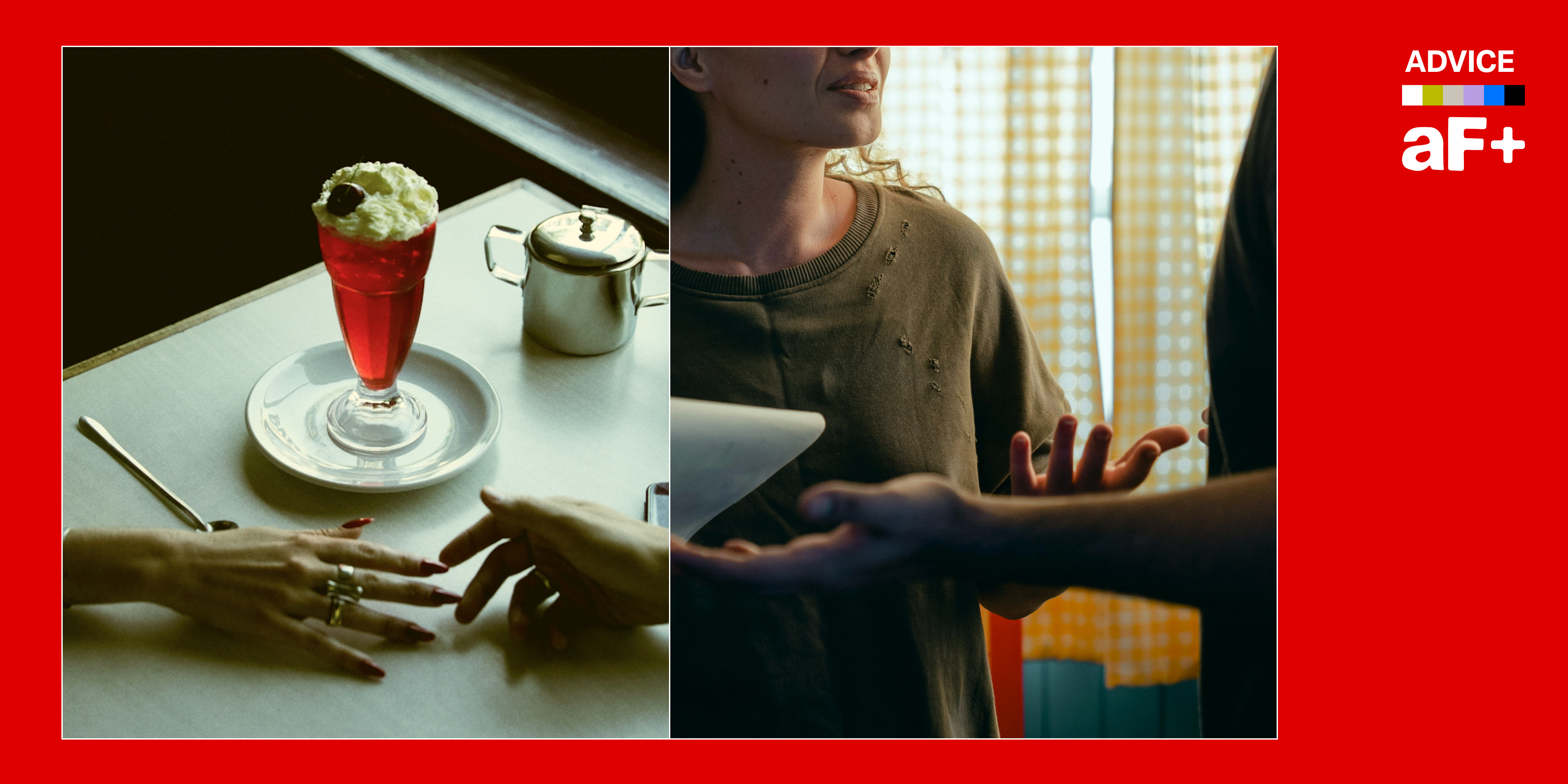 One image shows two people touching fingertips across a diner table, the other shows two people arguing with one person in a defensive stance.